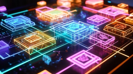 Poster - Collaboration strategy illustrated glowing overlapping layers of geometric designs representing teamwork