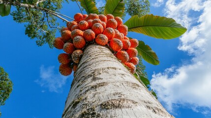 low angle view of a tree trunk densely covered in vibrant orange fruits against a bright blue sky wi