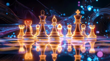 Poster - Competitive advantage shown illuminated chess pieces a reflective board surrounded by abstract glowing designs