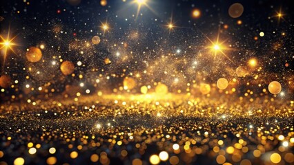 Fototapete - A sparkling field of golden glitter with a blurred backdrop of twinkling lights and a dark sky.