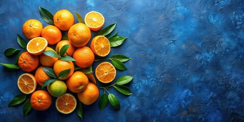 Aufkleber - A vibrant cluster of juicy oranges and green leaves arranged on a textured blue surface, creating a visual symphony of color and freshness