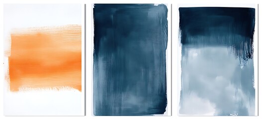 Wall Mural - Set of abstract wall art prints, in shades of blue and orange, with a grey background