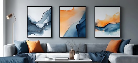 Wall Mural - Set of abstract wall art prints, in shades of blue and orange, with a grey background