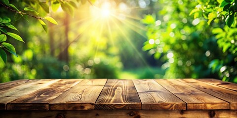 Poster - Wooden Tabletop in a Sunny Forest Setting with Green Foliage and Sun Rays
