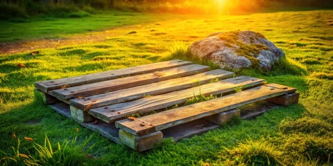 Aufkleber - Wooden pallet on a green lawn with a large rock in the background and a golden glow from the setting sun