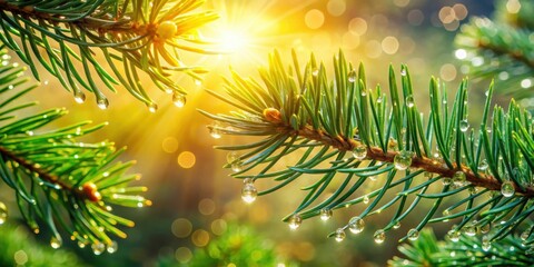 Aufkleber - Pine needles adorned with dew drops catch the golden rays of the morning sun, creating a sparkling spectacle of nature's beauty.