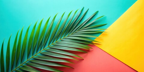 Poster - A single palm leaf rests gracefully on a vibrant turquoise, coral, and yellow background, creating a visually stimulating tropical scene.