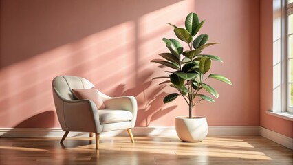 Poster - A comfortable armchair with a pink patterned cushion sits next to a potted plant in a room with a soft pink wall and sunlight streaming through a window.