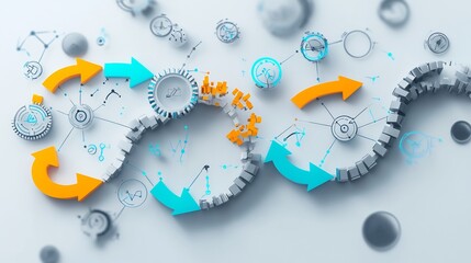 Fototapete - Conceptual depiction of product development showcasing dynamic arrows symbolic nodes innovation cycles