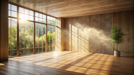 Aufkleber - Sunlight streams through a large window, illuminating a spacious, minimalist room with hardwood floors and a single potted plant