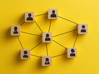 abstract network structure with interconnected icons on yellow background, conceptual digital commun