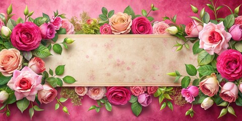 Poster - A Romantic Bouquet of Delicate Pink and Peach Roses Surrounding a Rustic Vintage Paper Banner