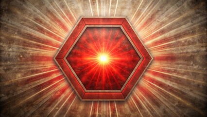 Poster - Glowing Hexagon Frame with a Red and Orange Background and Sunburst Rays