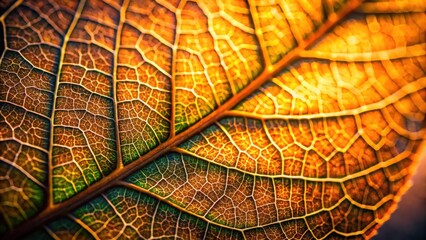 Fototapete - A close-up shot of a leaf, revealing the intricate network of veins and the golden hues of autumn.