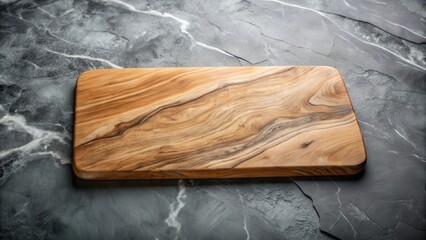 Poster - A rustic wooden cutting board with a natural grain pattern rests on a dark marble surface, creating a perfect backdrop for showcasing culinary creations.