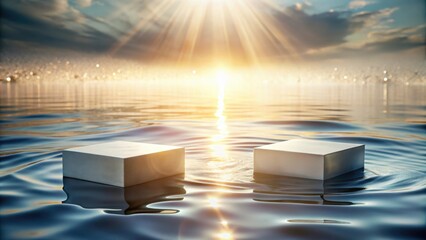 Aufkleber - Two White Cubes Floating on a Calm Blue Water Surface with a Warm Sunset and Sparkling Water in the Background