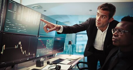 Aufkleber - Men, team and computer screen for stock market, graphs and discussion with stats, analysis or review. People, partner and monitor for charts, finance and revenue with fintech at investment agency
