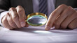 © Sahraya - Businessman hold magnifying glass, outsource accounting service external audit bookkeeper flat vector illustration, isolated on white.