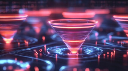 Poster - Customer acquisition funnels visualized glowing tiered structures a sleek digital setting