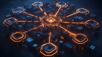 Fototapete - Decentralization strategies displayed glowing pathways radiating outward a central hub