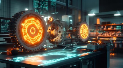 Aufkleber - Engineering concepts portrayed glowing cogwheels data streams in a hightech workshop