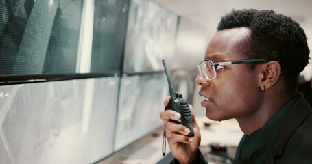 Poster - Security guard, radio and black man in control room, serious and protection for safety check. Person, employee and service with equipment, cctv system and report with communication in office