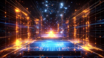 Poster - Events visualized glowing holographic stages surrounded radiant abstract data streams