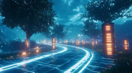 Poster - Goals visualized radiant checkpoints along glowing pathway in a futuristic outdoor setting