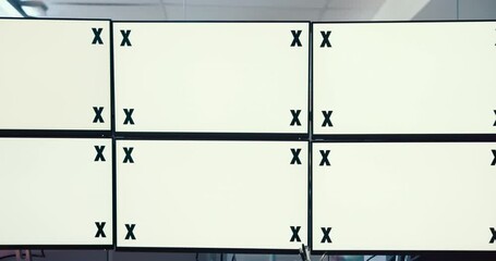 Poster - Computer screen, space and surveillance with equipment in empty office to monitor live feed for update. Display, mockup and tracking markers with CCTV control room for crime prevention or safety