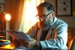 © Viktoriia - Concentrated doctor with beard and glasses is sitting at a desk and carefully reviewing patient information on a clipboard in his office