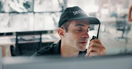 Poster - Man, security guard and radio with surveillance check for safety monitoring or response in building. Male person, CCTV operator or mall cop with speaker for coverage signal, footage or observation