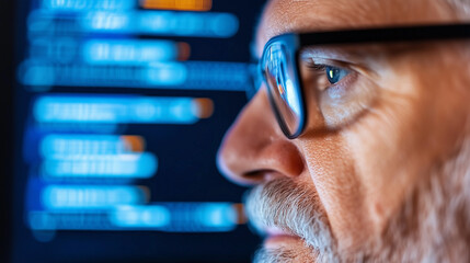 Senior software developer analyzing code on screen