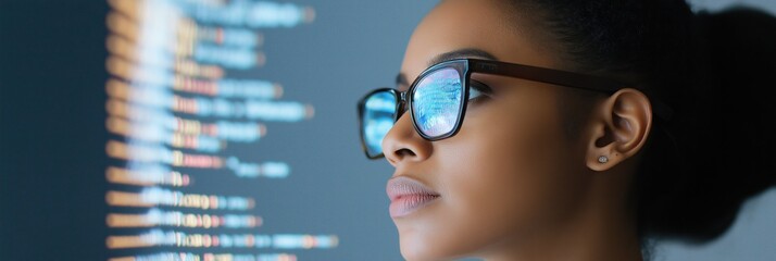 A woman wearing glasses is looking at a computer screen with a lot of code on it. Concept of someone working on a computer, possibly a programmer or a software developer