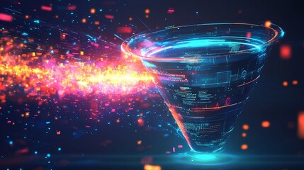 Poster - Lead generation funnel shown futuristic glowing structure vibrant energy core scattered digital element
