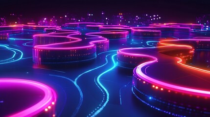 Fototapete - Market entry strategies depicted glowing pathways leading vibrant zones on a futuristic map