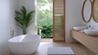 © Jaroon - Serene Bathroom Oasis: a modern and stylish bathroom with minimalist design, featuring a luxurious bathtub, natural light and greenery viewed through the open window.