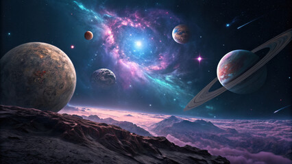 Surreal cosmic landscape with floating planets and vibrant galaxies