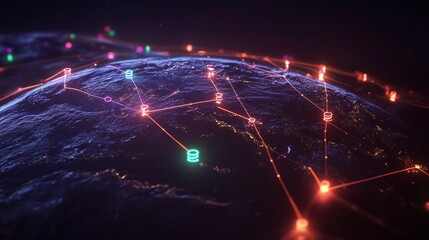 Poster - Outreach strategies represented glowing communication lines connecting vibrant nodes a dark futuristic globe