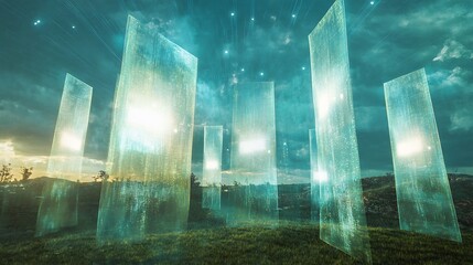 Poster - Publicity strategies depicted radiant banners spreading outward a digital media landscape