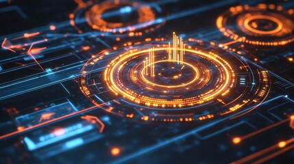 Poster - Retargeting strategy portrayed concentric glowing circles highlighting key data points a futuristic display