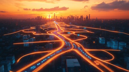 Poster - Roadmap glowing pathways key milestones set against a futuristic urban skyline at sunset