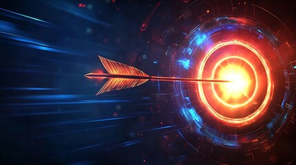 Poster - Targeting precision represented radiant arrow hitting the center of a circular glowing target