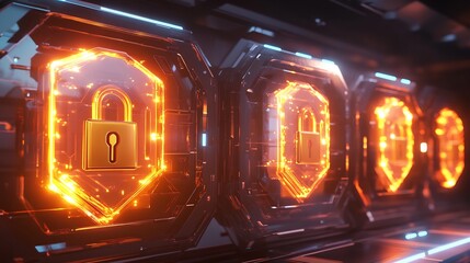 Fototapete - Trust visualized glowing locks radiant shields in a futuristic digital environment