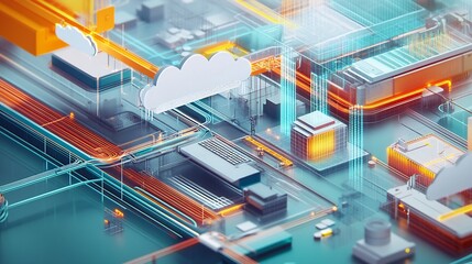 Leinwandbilder - Vibrant visualization of hybrid work model featuring collaborative tools cloud computing enterprise resource planning