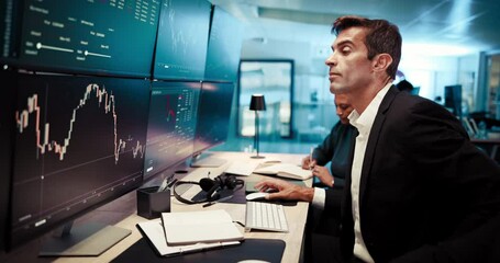Aufkleber - Businessman, thinking and candlestick chart with screen for stock market investment at office. Man, broker or thoughtful trader with display, graphs or drop for decision, financial risk or exchange