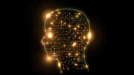 Digital human profile with circuit connections and glowing technology elements on dark background