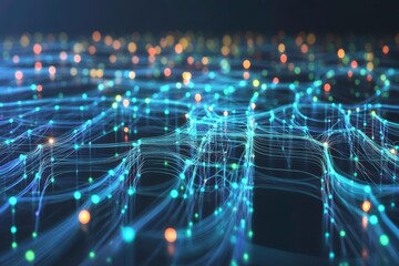 connection lines with light nodes create a network visualization suggesting ai, big data and neural 