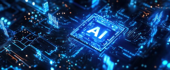 AI chip glowing blue, circuit board background, technology concept