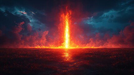 A towering column of fire bursts from the fiery ocean landscape