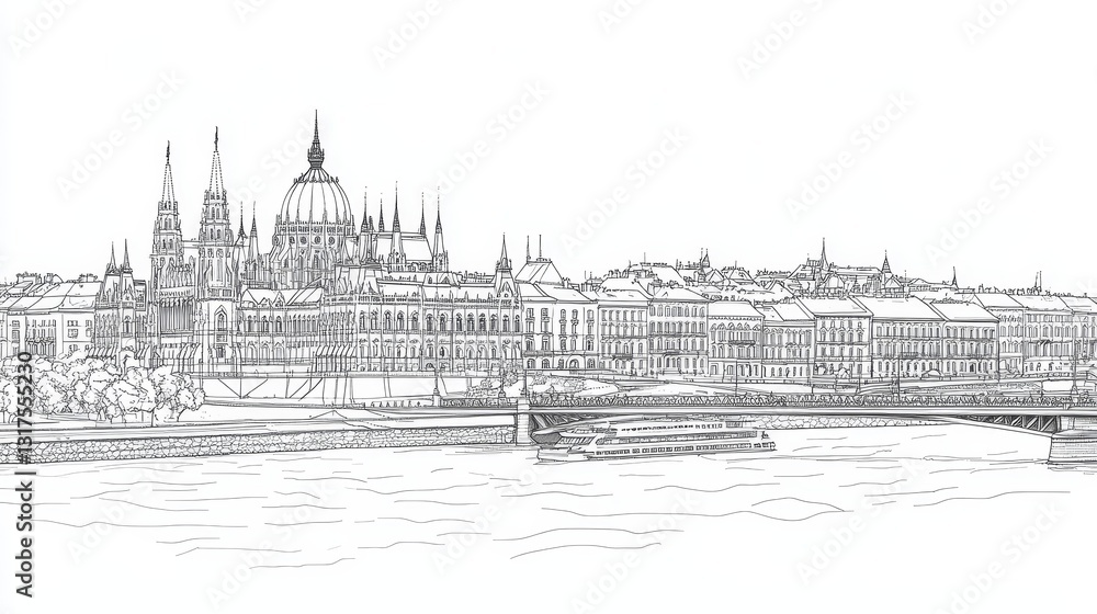 Budapest Parliament Line Art Coloring Page - A detailed line art ...